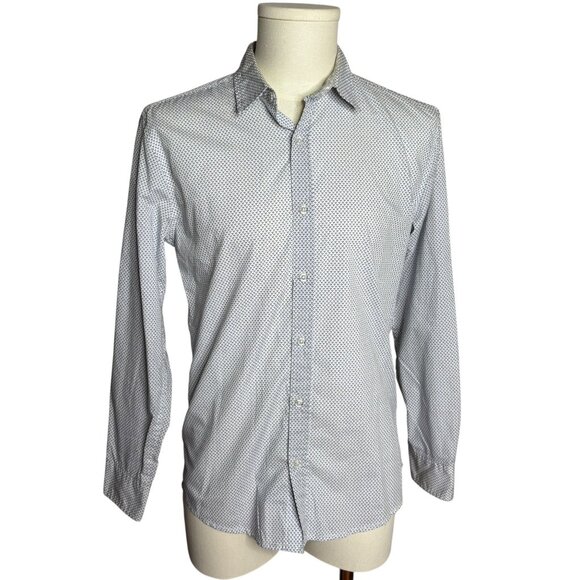 Tranquility Button Up Roll Tab Sleeve Shirt S White Blue Dots Cotton Blend - Picture 1 of 7